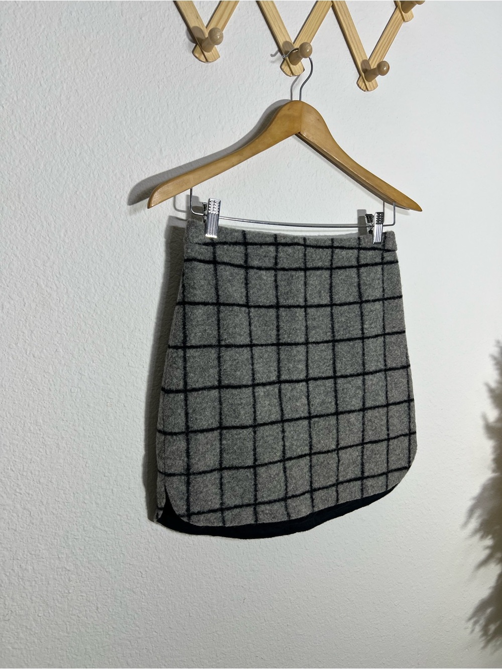 MADEWELL • gray wool shirttail mini skirt black grid check pattern size 0